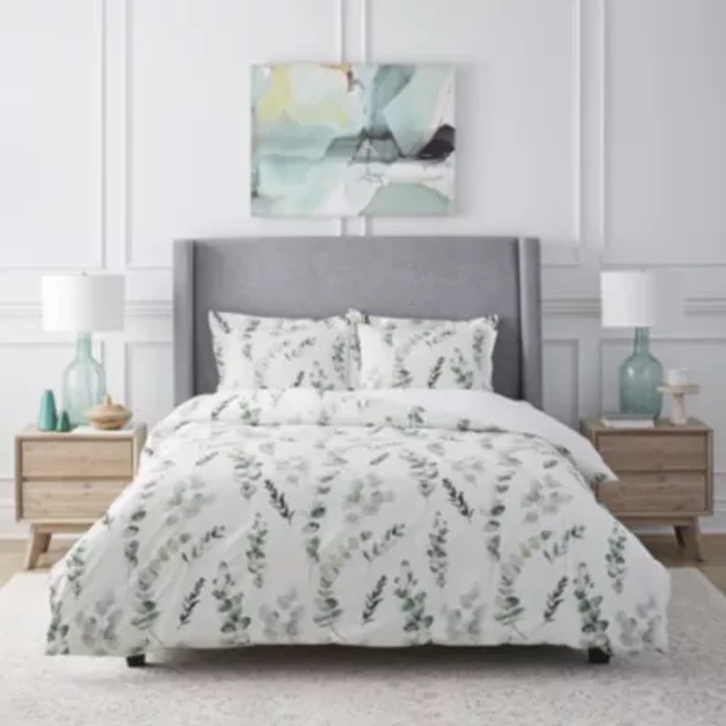 Pointehaven Eucalyptus Digital Print Button Closure Duvet Cover Set
