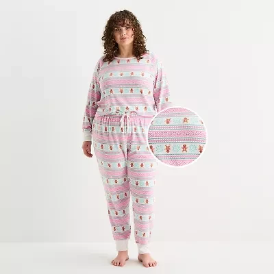 Sleep Chic Womens Fleece Crew Neck Long Sleeve 2-pc. Pajama Sets