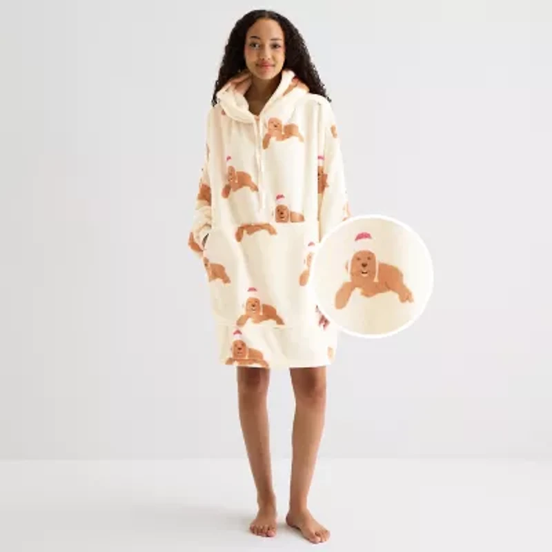 Sleep Chic One Fits Most Womens Fleece Hooded Long Sleeve Nightgown