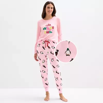 Sleep Chic Womens Crew Neck Long Sleeve 2-pc. Pajama Sets