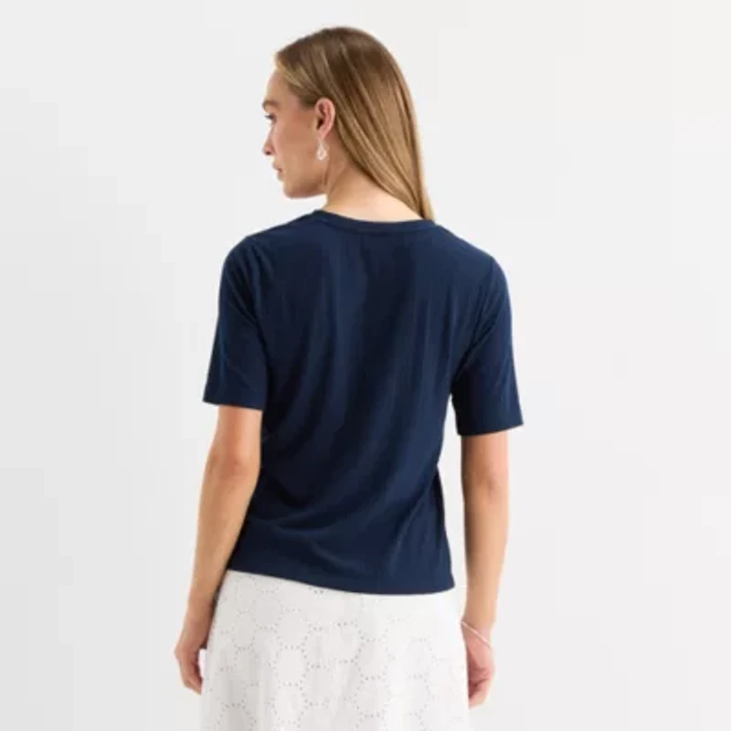 Liz Claiborne Womens Petite Crew Neck Elbow Sleeve T-Shirt