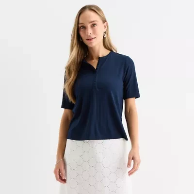 Liz Claiborne Womens Petite Crew Neck Elbow Sleeve T-Shirt