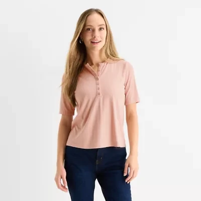 Liz Claiborne Womens Petite Crew Neck Elbow Sleeve T-Shirt