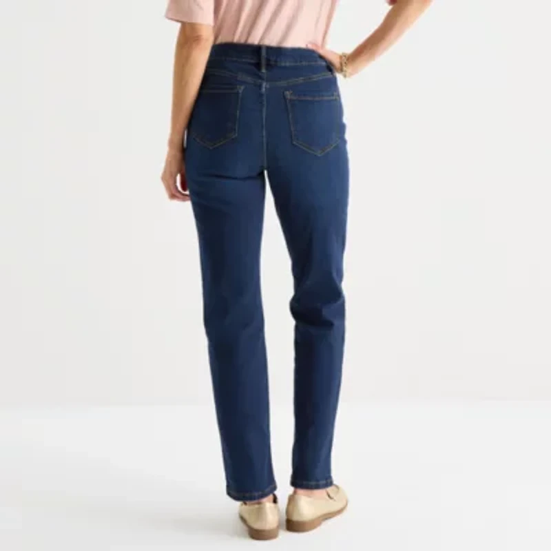 Liz Claiborne Womens Petite Straight High Rise Pull-On Pant