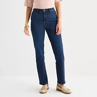 Liz Claiborne Womens Petite Straight High Rise Pull-On Pant