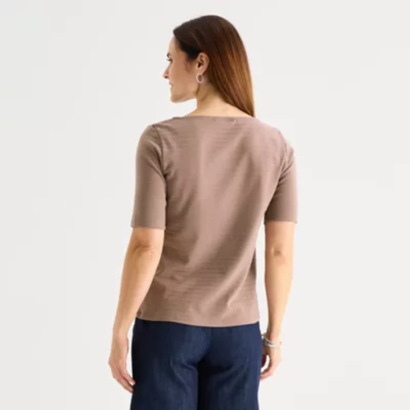 Liz Claiborne Womens Petite Boat Neck Short Sleeve Blouse