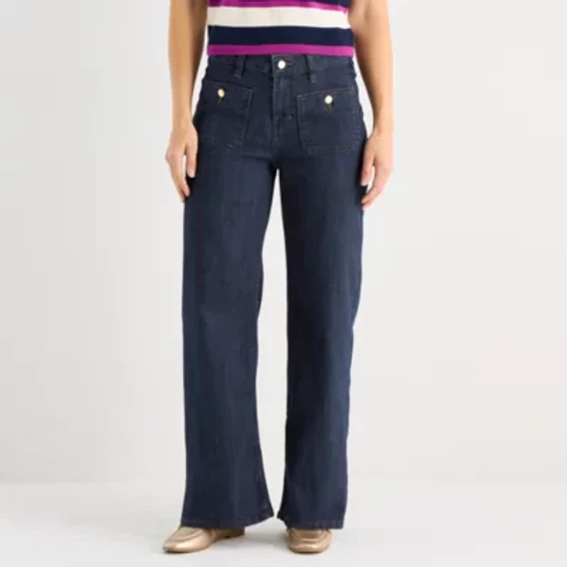 Liz Claiborne Womens Petite Mid Rise Wide Leg Jean