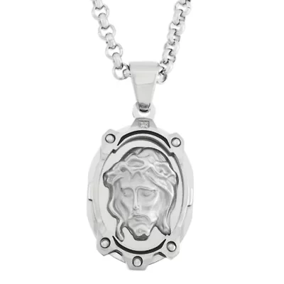 Diamond-Accent Jesus Stainless Steel Medal Pendant Necklace