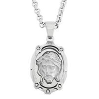 Diamond-Accent Jesus Stainless Steel Medal Pendant Necklace