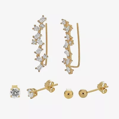 Womens Cubic Zirconia 18K Gold Over Silver Sterling Silver Ball 3 Pair Earring Set
