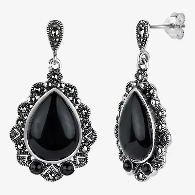 Womens Genuine Black Marcasite Sterling Silver Pear Drop Earrings