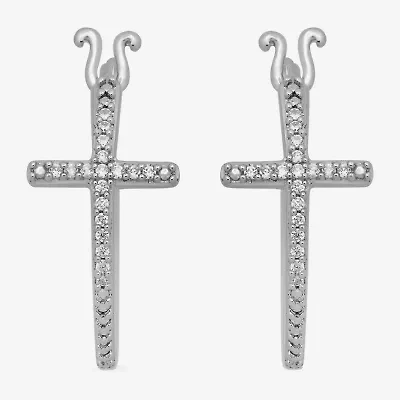 Womens 1/10 CT. T.W. Natural White Diamond Sterling Silver 17mm Cross Hoop Earrings