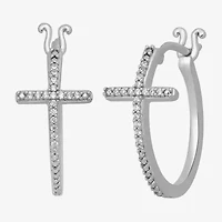 Womens 1/10 CT. T.W. Natural White Diamond Sterling Silver 17mm Cross Hoop Earrings