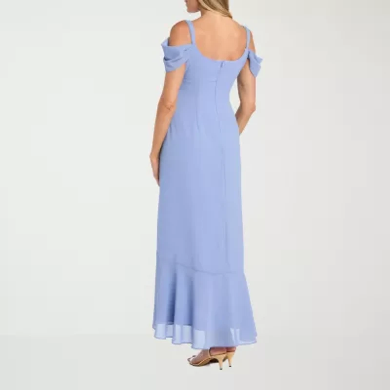 R & M Richards Cold Shoulder Womens Short Sleeve Evening Gown