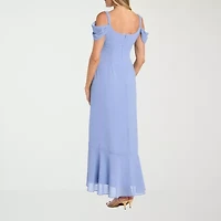 R & M Richards Cold Shoulder Womens Short Sleeve Evening Gown