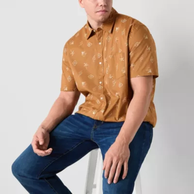 Arizona Mens Easy-on + Easy-off Short Sleeve Regular Fit Big and Tall Button-Down Shirt