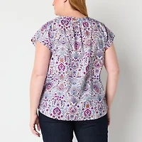 St. John's Bay Womens Easy-on + Easy-off Hidden Access Opening Split Crew Neck Short Sleeve Adaptive Plus Blouse