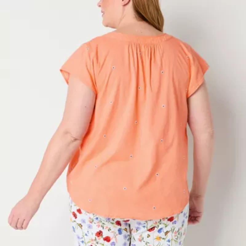 St. John's Bay Womens Plus Easy-on + Easy-off Hidden Access Opening Split Crew Neck Short Sleeve Adaptive Blouse