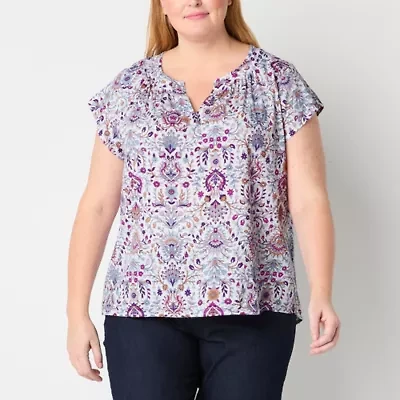 St. John's Bay Womens Easy-on + Easy-off Hidden Access Opening Split Crew Neck Short Sleeve Adaptive Plus Blouse
