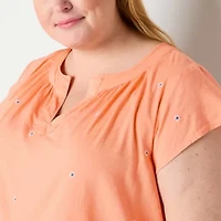 St. John's Bay Womens Plus Easy-on + Easy-off Hidden Access Opening Split Crew Neck Short Sleeve Adaptive Blouse