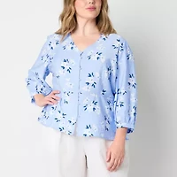 Liz Claiborne Womens V Neck 3/4 Sleeve Peplum Top Plus