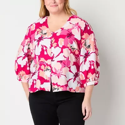 Liz Claiborne Womens Plus V Neck 3/4 Sleeve Peplum Top