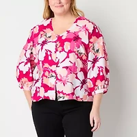 Liz Claiborne Womens Plus V Neck 3/4 Sleeve Peplum Top