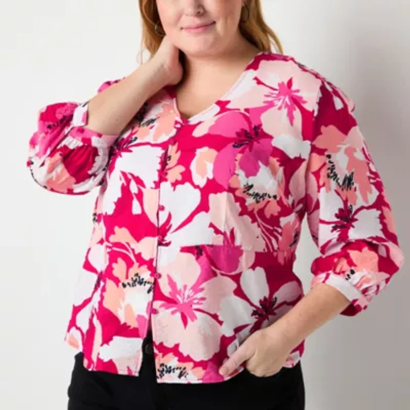 Liz Claiborne Womens Plus V Neck 3/4 Sleeve Peplum Top