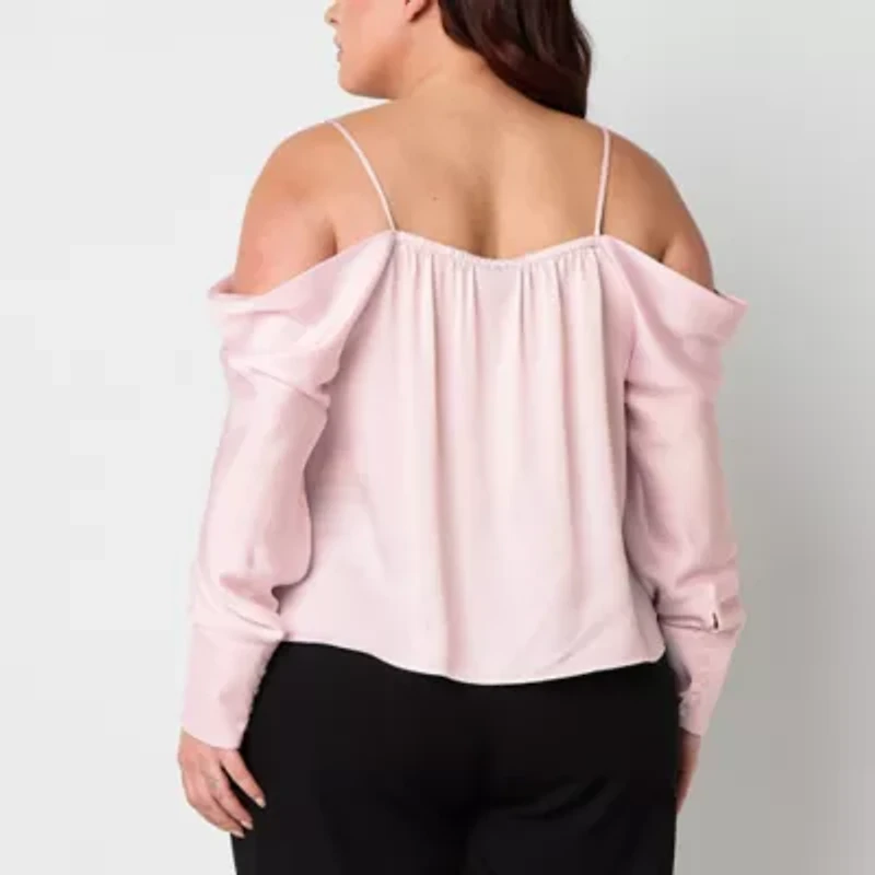 Bold Elements Womens Plus Straight Neck Long Sleeve Satin Blouse