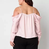 Bold Elements Womens Plus Straight Neck Long Sleeve Satin Blouse