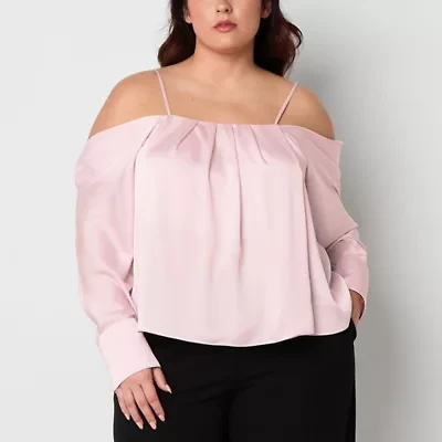Bold Elements Womens Straight Neck Long Sleeve Satin Plus Blouse