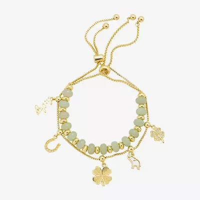 Footnotes Lucky Elephant Horseshoe Charm Womens Green Jade Box 10K Gold Over Brass Clover Bangle Bracelet
