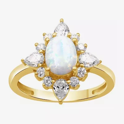Womens Lab Created White Opal 14K Gold Over Silver Oval Cocktail Ring