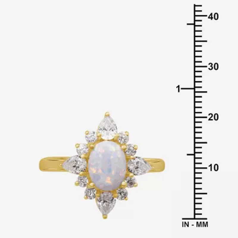 Womens Lab Created White Opal 14K Gold Over Silver Oval Cocktail Ring