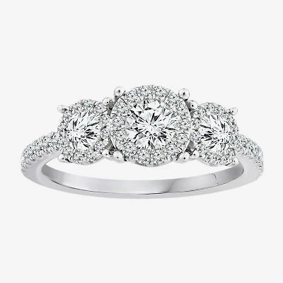 (I / I1) Womens 1 CT. T.W. Lab Grown White Diamond 10K White Gold Round Side Stone 3-Stone Engagement Ring