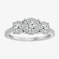 (I / I1) Womens 1 CT. T.W. Lab Grown White Diamond 10K White Gold Round Side Stone 3-Stone Engagement Ring