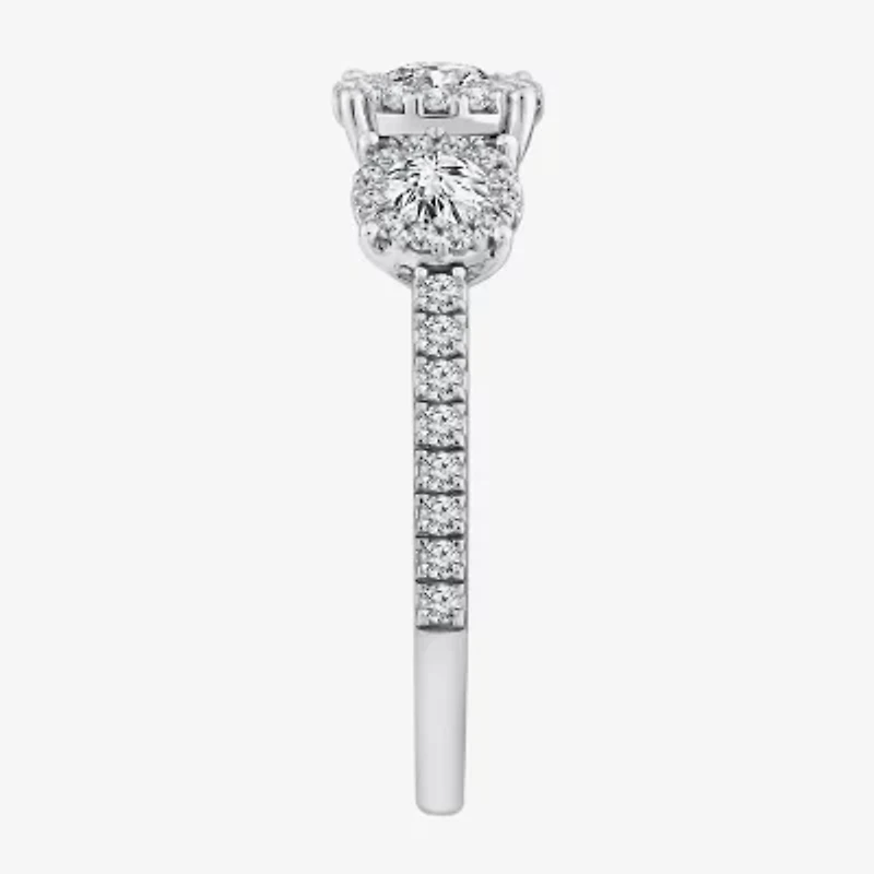 (I / I1) Womens 1 CT. T.W. Lab Grown White Diamond 10K White Gold Round Side Stone 3-Stone Engagement Ring