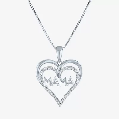 "Mama" Womens 1/10 CT. T.W. Natural White Diamond Sterling Silver Heart 18 Inch Pendant Necklace
