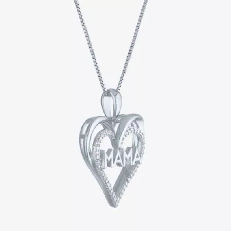 "Mama" Womens 1/10 CT. T.W. Natural White Diamond Sterling Silver Heart 18 Inch Pendant Necklace