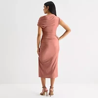 Premier Amour One Shoulder Womens Short Sleeve Midi Sheath Dress