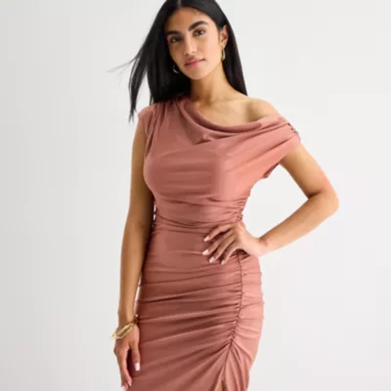 Premier Amour One Shoulder Womens Short Sleeve Midi Sheath Dress