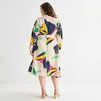 Premier Amour Womens Plus Long Sleeve Floral Midi Fit + Flare Dress