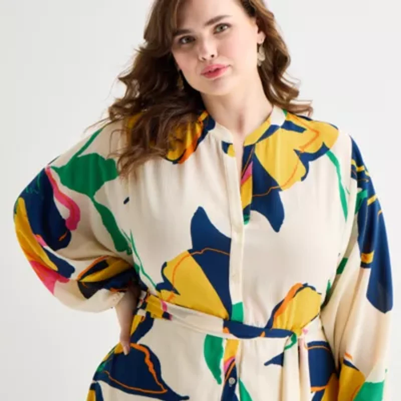 Premier Amour Womens Plus Long Sleeve Floral Midi Fit + Flare Dress