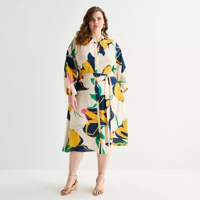 Premier Amour Womens Plus Long Sleeve Floral Midi Fit + Flare Dress
