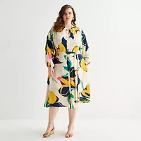 Premier Amour Womens Plus Long Sleeve Floral Midi Fit + Flare Dress
