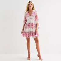 Melonie T Womens 3/4 Sleeve Floral Fit + Flare Dress