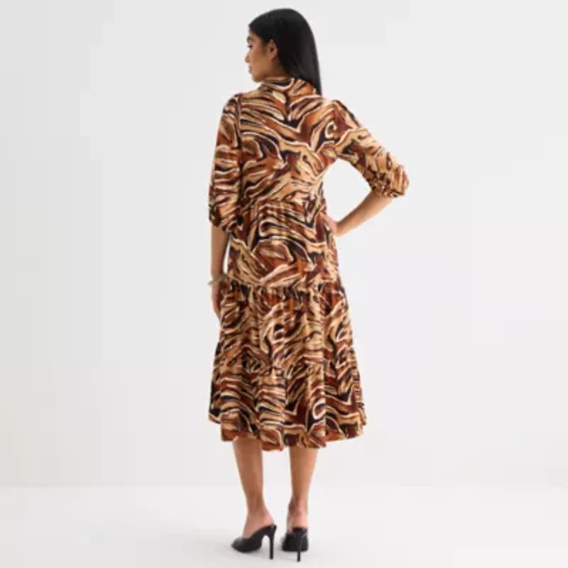 52seven Womens 3/4 Sleeve Midi Animal Shift Dress