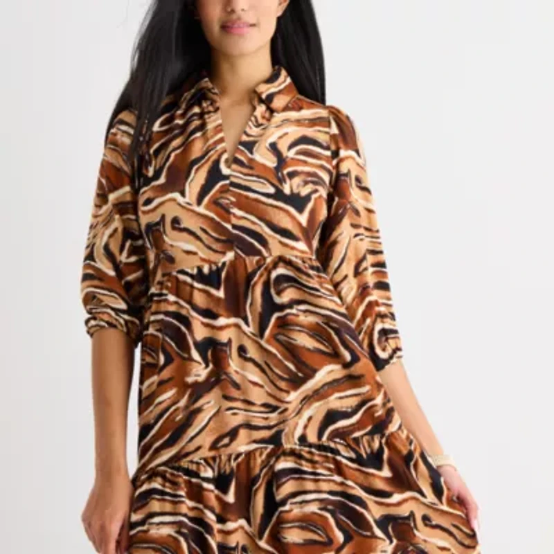52seven Womens 3/4 Sleeve Midi Animal Shift Dress