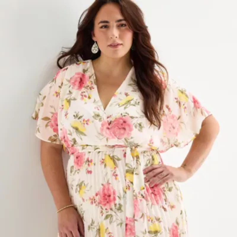 Studio 1 Womens Plus Short Sleeve Floral Maxi Dress