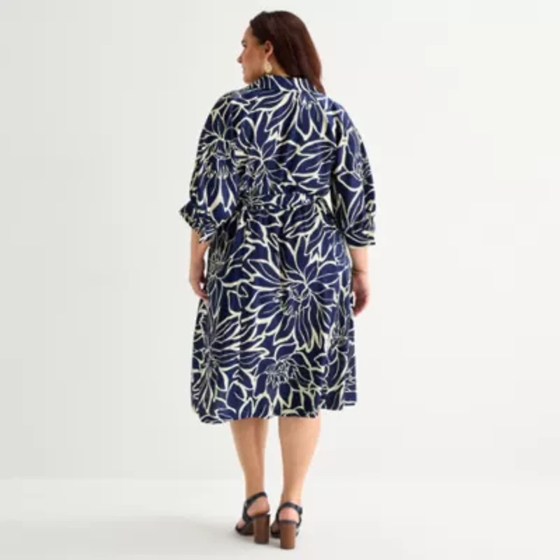 52seven Womens Plus 3/4 Sleeve Abstract Midi Fit + Flare Dress